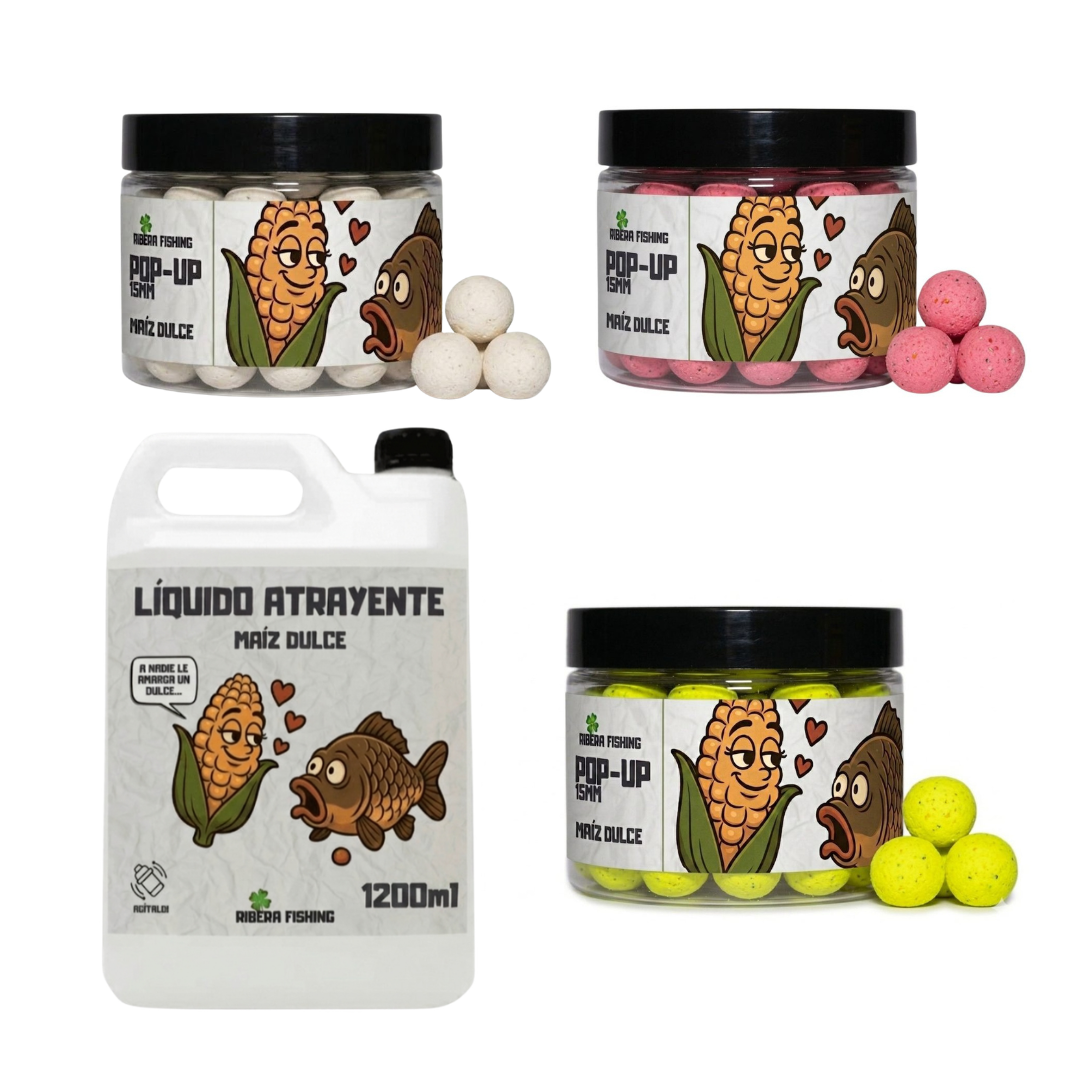 Pack Liquido atrayente de Maíz Fermentado + Pop Ups 15mm rosa, amarillo y blanco